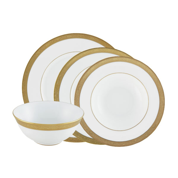 A set of white porcelain dinnerware with gold accents, including dinner plates, dessert plates, and soup bowls, presented against a white background.