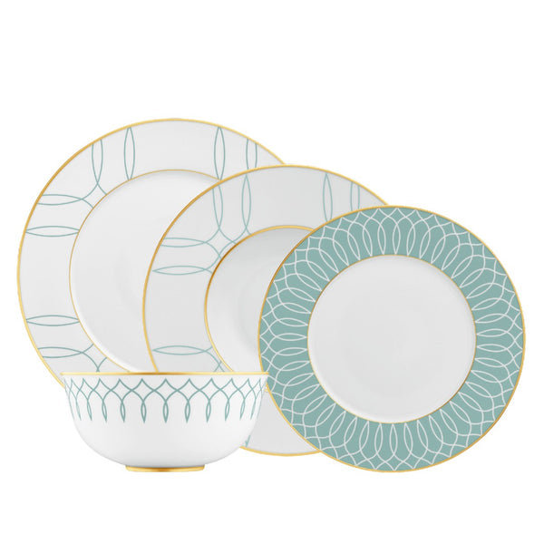 Dinnerware Set of 16 Pieces Carlo Este by FÜRSTENBERG in fine porcelain with gold and green mosaic-inspired design by Carlo Dal Bianco.