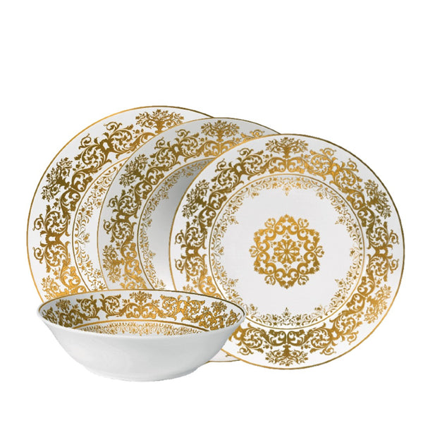 A set of white and gold porcelain dinnerware, including dinner plates, dessert plates, soup bowls, and breakfast plates, with intricate floral patterns.