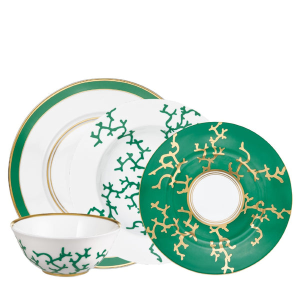 Raynaud Cristobal Emerald 16-piece dinnerware set in Limoges porcelain with emerald green coral motif.