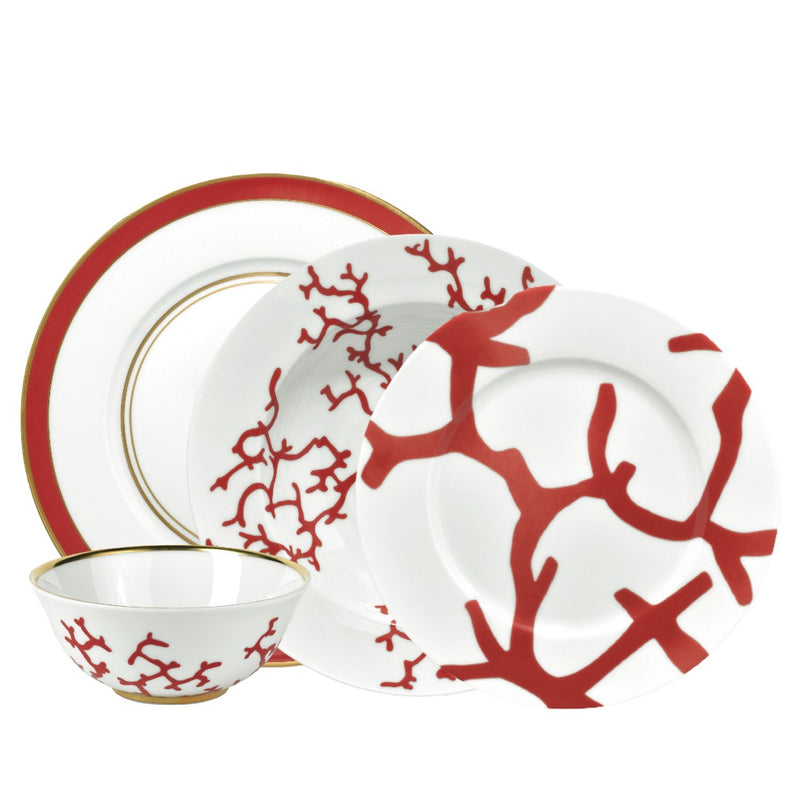 Luxury porcelain dinnerware set of 16 pieces Cristobal Rouge coral motif by Raynaud