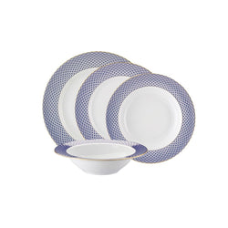 Francis Carreau Blue dinnerware set of 16 pieces in porcelain with royal blue and gold check pattern by Rosenthal