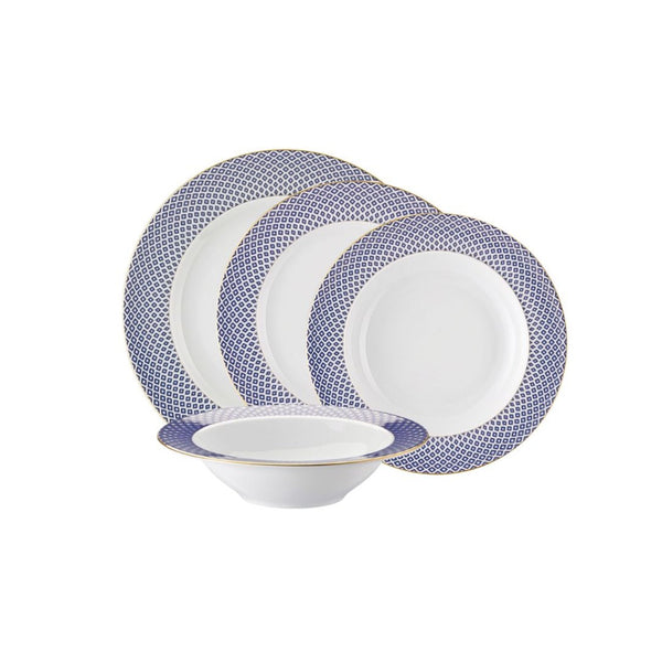 Francis Carreau Blue dinnerware set of 16 pieces in porcelain with royal blue and gold check pattern by Rosenthal