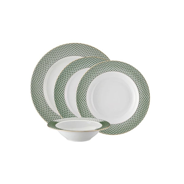 Francis Carreau Green 16-piece porcelain dinnerware set with green and gold check design by Rosenthal
