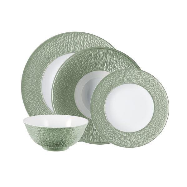 Raynaud Minéral Irisé Céladon 16-piece porcelain dinnerware set with celadon glaze and organic sculptural texture