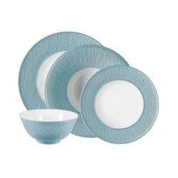Raynaud Minéral Irisé Sky Blue 16-piece porcelain dinnerware set with iridescent glaze and textured relief