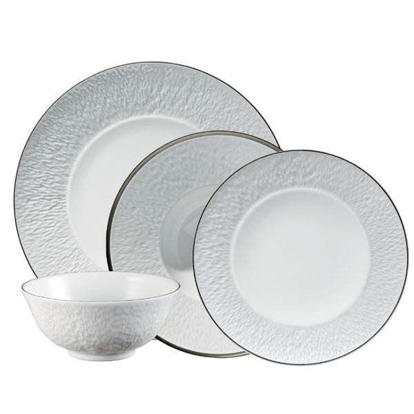 Raynaud Minéral Platinum 16-piece porcelain dinnerware set with platinum detailing crafted in Limoges