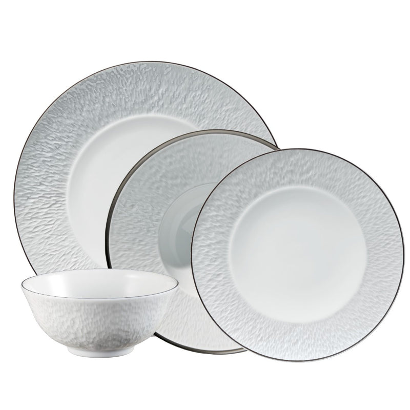 Raynaud Minéral Platinum 16-piece porcelain dinnerware set with platinum detailing crafted in Limoges