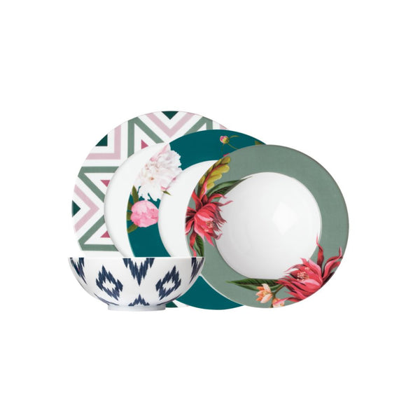 A 16-piece dinnerware set with a colorful floral and geometric pattern, including plates and bowls with and without rims, from the Paraiso collection by Fürstenberg.