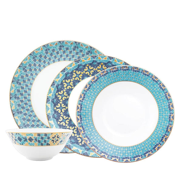 Dinnerware Set of 16 Pieces Portofino by Haviland in fine Limoges porcelain with golden and blue Mediterranean mosaic-inspired design.