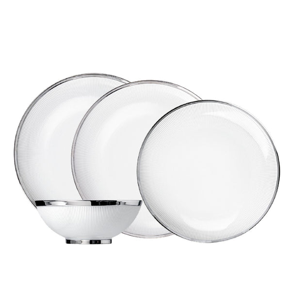 Stella Platinum 16-piece porcelain dinnerware set by SIEGER by FÜRSTENBERG, handcrafted in Germany with refined platinum detailing.