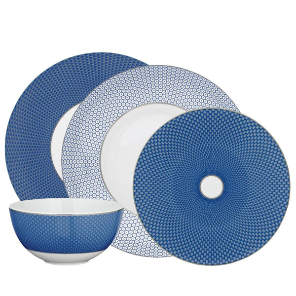 Raynaud Trésor Bleu Limoges porcelain 16-piece dinnerware set in platinum and cobalt blue with braid and honeycomb patterns