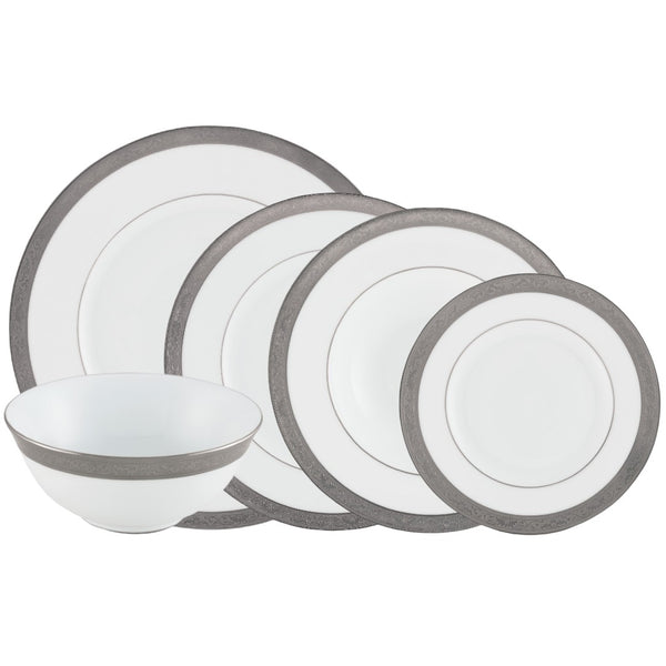 Ambassador Platine 30-piece porcelain dinnerware set by Raynaud featuring platinum inlay and Renaissance-inspired design

