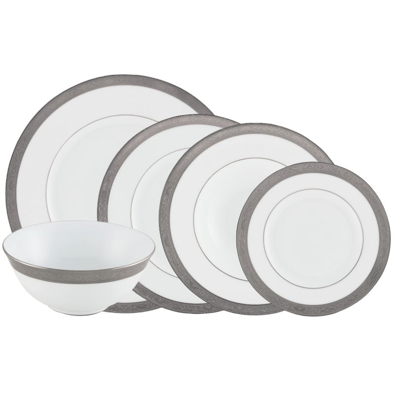 Ambassador Platine 30-piece porcelain dinnerware set by Raynaud featuring platinum inlay and Renaissance-inspired design

