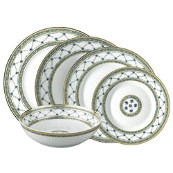 Allée du Roy 30-piece dinnerware set by Raynaud in Limoges porcelain, featuring trellis, cornflowers, laurel crowns, and gold accents.