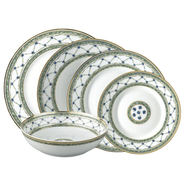Allée du Roy 30-piece dinnerware set by Raynaud in Limoges porcelain, featuring trellis, cornflowers, laurel crowns, and gold accents.