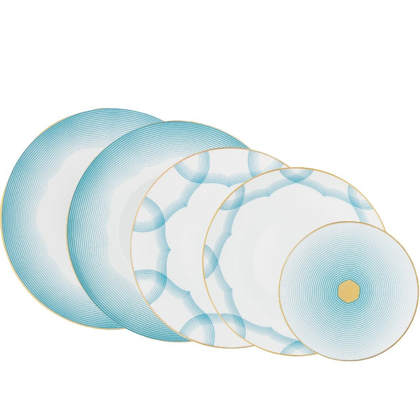Aura dinnerware set of 30 pieces by Raynaud—Limoges porcelain with golden medallion and shaded blue line décor.