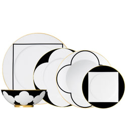 Thirty piece porcelain dinnerware set from my china ca d oro collection in black white and gold by sieger furstenberg