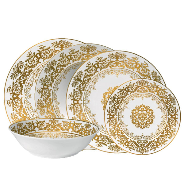 Dinnerware set of 30 pieces Chelsea Gold Fond Blanc by Raynaud, Limoges porcelain with gold Victorian floral motifs on white, inspired by Gothic tapestries.