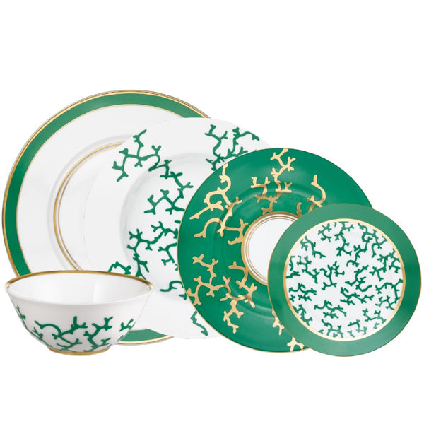 Raynaud Cristobal Emerald 30-piece dinnerware set in Limoges porcelain with emerald green coral motifs.