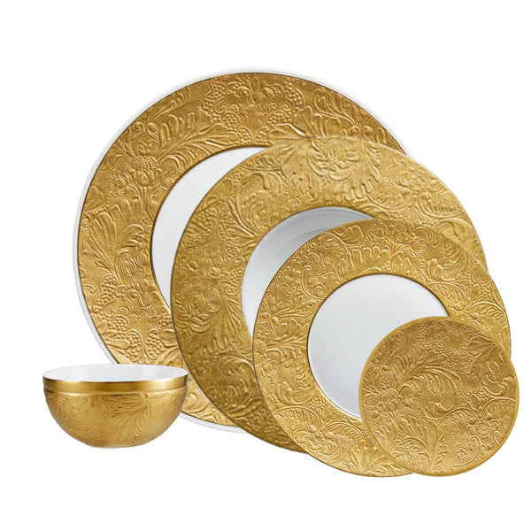 Raynaud Italian Renaissance Gold 30-piece Limoges porcelain dinnerware set with embossed arabesques and gold finish.