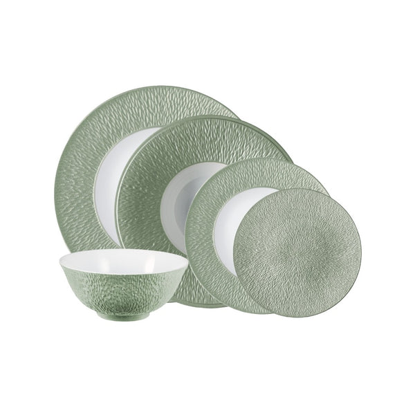 Raynaud Minéral Irisé Céladon 30-piece porcelain dinnerware set with sculptural relief and iridescent celadon glaze