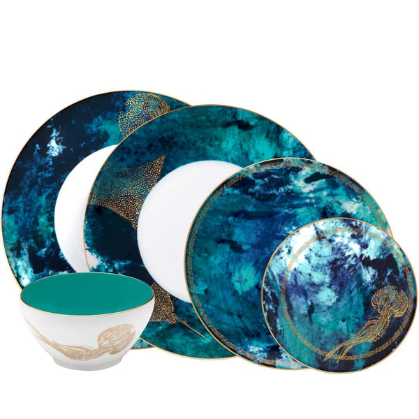 Océan Bleu Dinnerware Set of 30 by Haviland in Limoges porcelain with hand-painted blue tones inspired by waves, jellyfish, and manta rays.