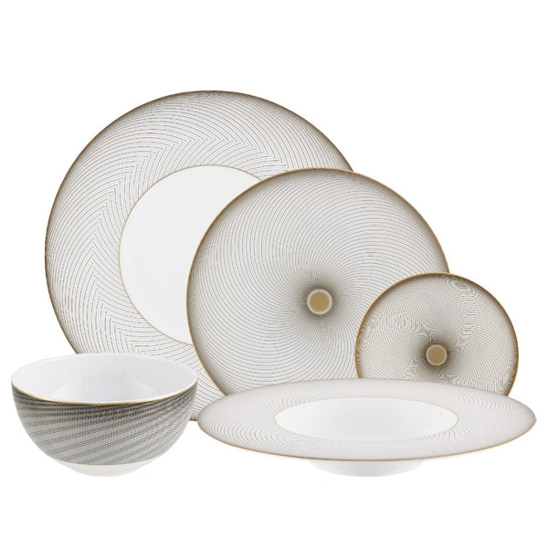Dinnerware set of 30 pieces in Limoges porcelain with black and gold Bauhaus-inspired motifs from the Oskar collection by Raynaud.