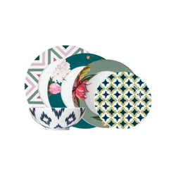 Set of Paraiso 30-piece porcelain dinnerware set with tropical motifs by Sieger by Fürstenberg on a white background