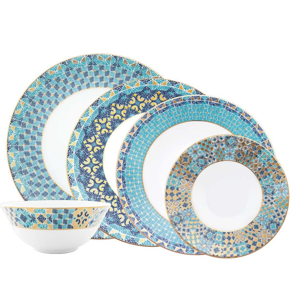 Dinnerware Set of 30 Pieces Portofino by Haviland in Limoges porcelain with golden and blue Mediterranean mosaic-inspired design.