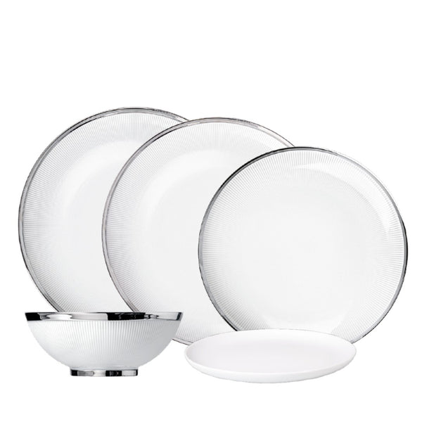 Stella Platinum 30-piece porcelain dinnerware set by SIEGER by FÜRSTENBERG, handcrafted in Germany with elegant platinum detailing.

