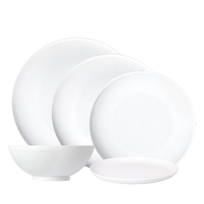 Stella Satin White 30-piece velvety matte porcelain dinnerware set by SIEGER by FÜRSTENBERG, handcrafted in Germany for luxury dining.