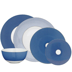Raynaud Trésor Bleu Limoges porcelain 30-piece dinnerware set in platinum and cobalt blue with intricate braid and honeycomb design