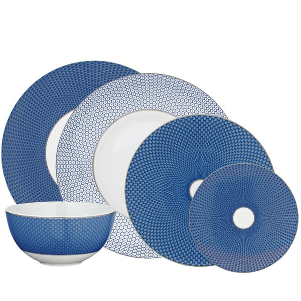 Raynaud Trésor Bleu Limoges porcelain 30-piece dinnerware set in platinum and cobalt blue with intricate braid and honeycomb design