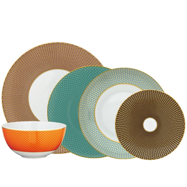 Raynaud Trésor Limoges porcelain 30-piece dinnerware set with sari-inspired honeycomb motif in turquoise, orange, chestnut, and gold accents