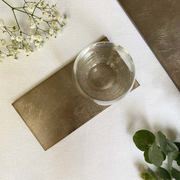 styled Double Silver Leaf coaster in taupe by Posh Trading Company, luxury lacquered bottle base