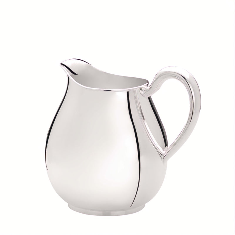 Luxury drop-shaped silver-plated pitcher Goccia by Greggio with rounded body and curved handle – handcrafted Italian design for elegant dining.