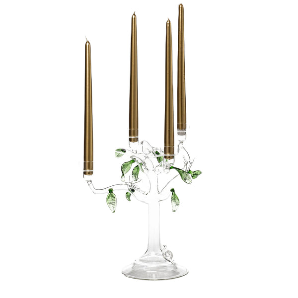 Eden glass tree candle holder with 4 taper candles in bronze, green leaves, butterflies, and birds by Casa Rialto