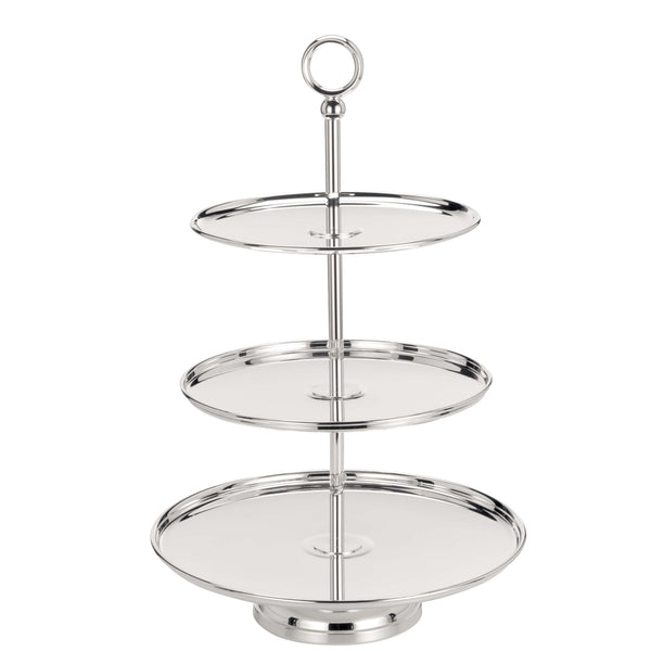 A three-tier silver-plated pastry stand with a central pole and circular platforms, designed for displaying pastries, cakes, and desserts.