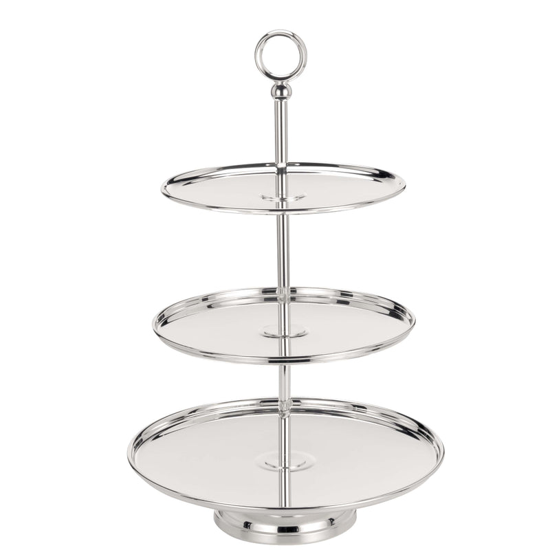 A three-tier silver-plated pastry stand with a central pole and circular platforms, designed for displaying pastries, cakes, and desserts.