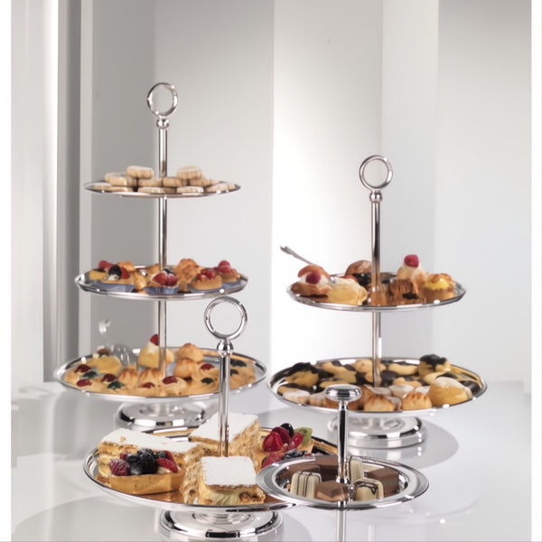 Styled two-tier Eleganza silver-plated pastry stand by Greggio on white background