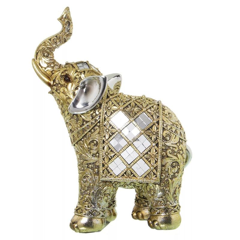 A gold decorative elephant figurine with mirror details and silver accents on its ears and tail.