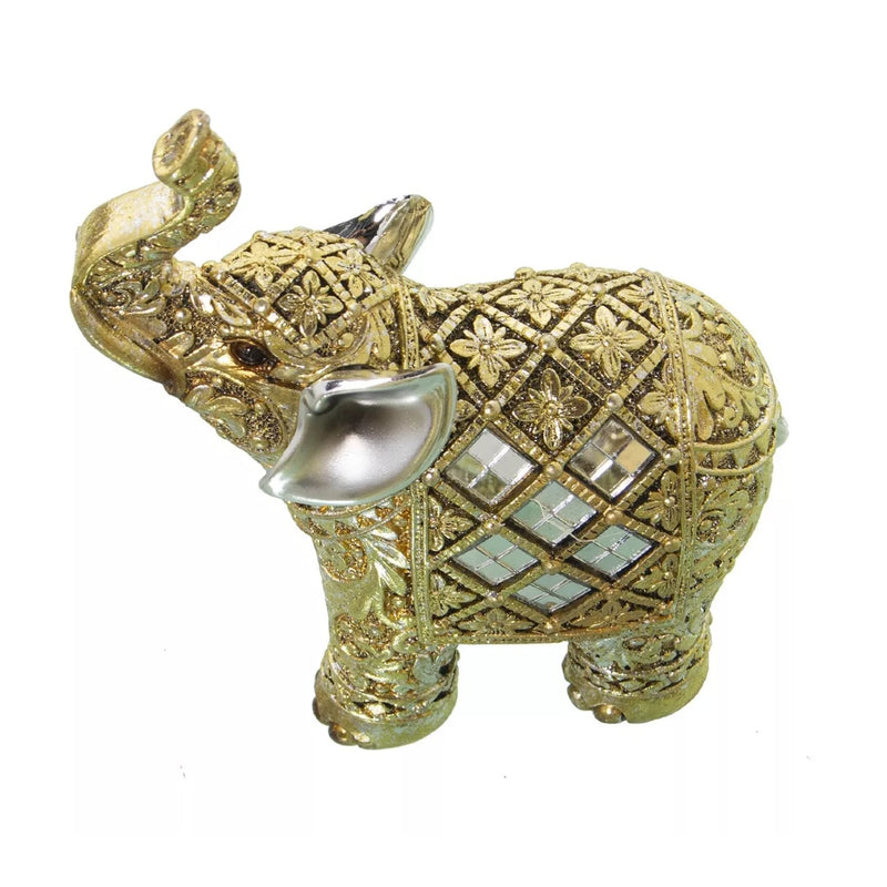 A gold decorative elephant figurine with mirror details and silver accents on its ears and tail showing its side.