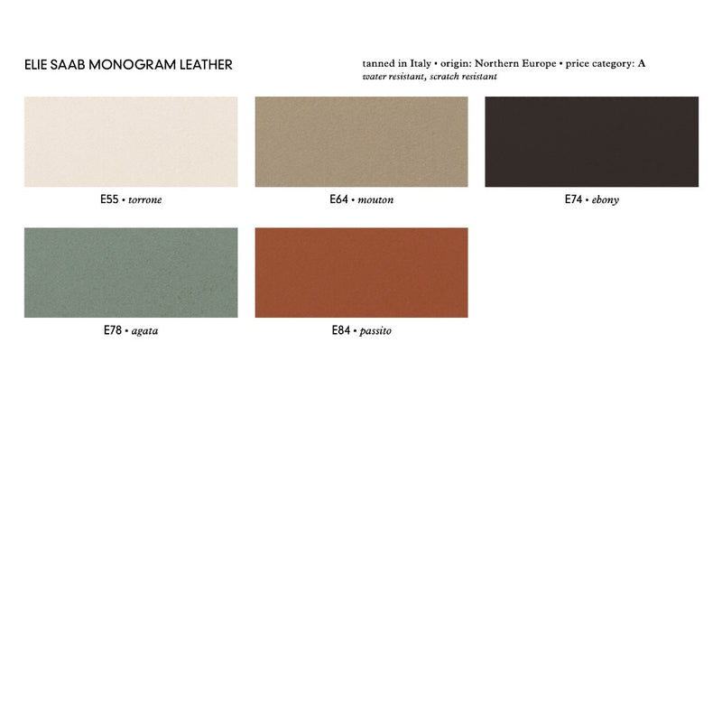 Color swatches of Elie Saab monogram leather with labels and codes.