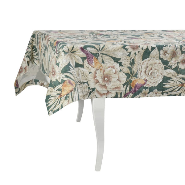 Floral tablecloth on a white table with a white background