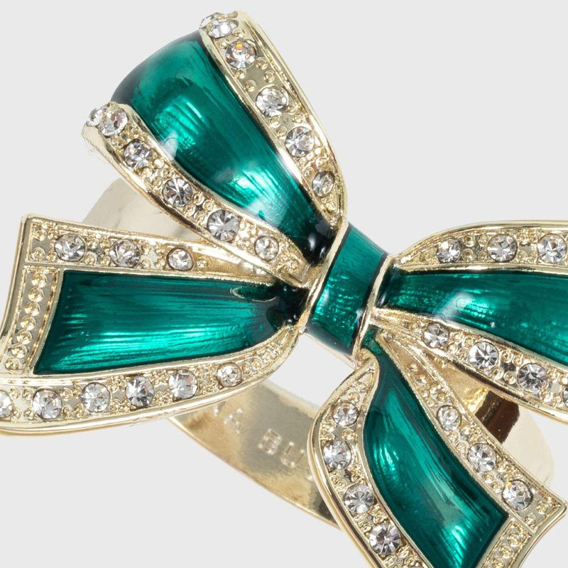 Close-up Green enamel bow napkin ring with crystal detailing by Joanna Buchanan, set of 4.