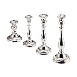 A set of four silver-plated English round candlesticks, showing different angles of the candlesticks, which have a reflective silver finish.