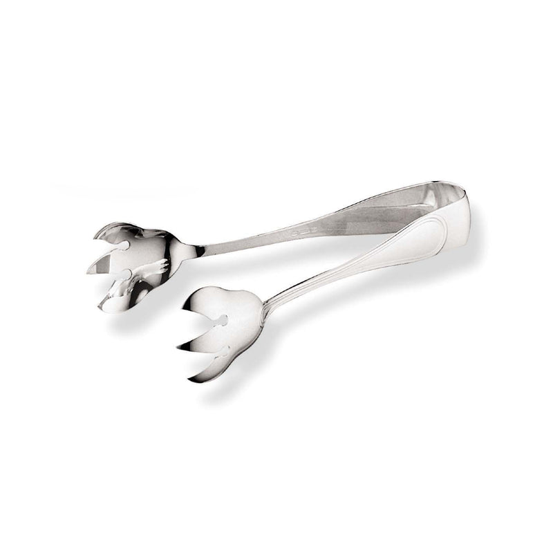 A pair of silver-plated ice tongs with a sleek design and decorative detailing on the handles.