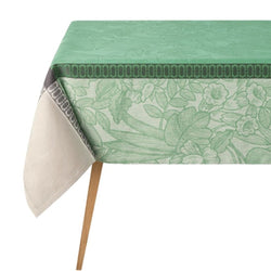 Green floral-patterned tablecloth on a table with white background