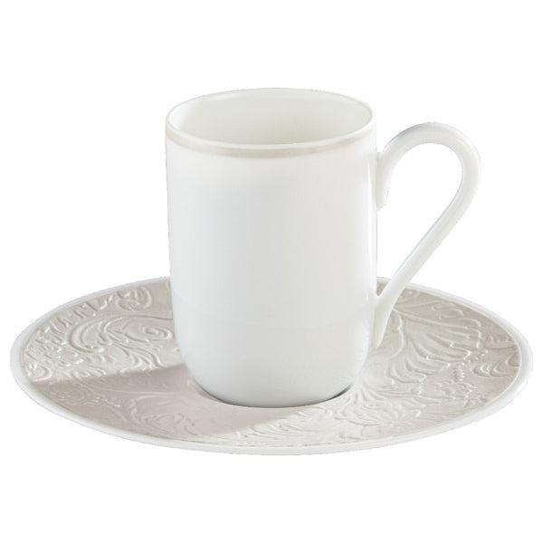Italian Renaissance Irisé Pearl Grey espresso cup & saucer by Raynaud in Limoges porcelain with engraved arabesques and pearl grey iridescence.